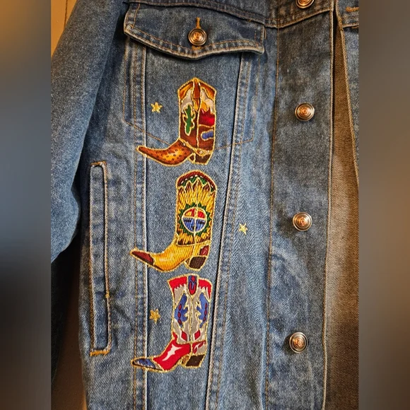 Logo Club Blue Denim Jacket with Colorful Boot Patchwork - Size XL - Picture 2 of 8
